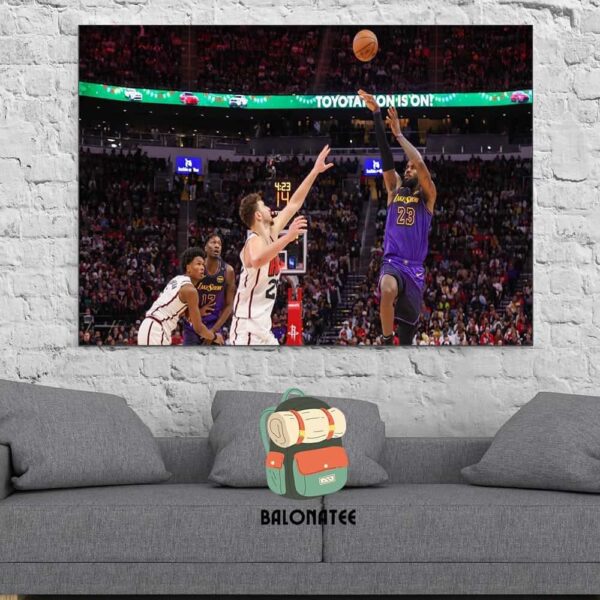 Lebron James Clutch One Legged Three Points Shot In Lakers Versus Rockets Match NBA 2024-2025 Wall Decor Poster Canvas